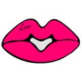 Color illustration voluminous plump lips painted with pink lipstick. Tattoo - love. Juicy color.