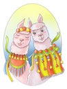 color illustration watercolor delicate cartoon alpaca llamas in holiday costumes peru pastel green red characters template print Royalty Free Stock Photo