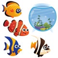 Color image of aquarium fishes on white background. Clownfish, guppy, angelfish. Pets. Vector illustration for kids Royalty Free Stock Photo