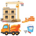Color images of build of house with elevating crane, concrete mixer and construction tools on a white background. Vector illustrat