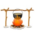 Color image of campfire and of bowler on white background. Camping and hikings. Vector illustrations