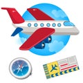 Color image of cartoon airplane, compass and plane ticket on a white background. Vector illustration set. Royalty Free Stock Photo