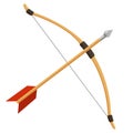 Color image of cartoon bow with arrow on white background. Bow shooting or archery. Vector illustration