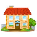 Color image of cartoon brick house with red roof on white background. Vector illustration for kids
