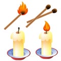 Color image of cartoon candles with matches on a white background. Vector illustration set. Royalty Free Stock Photo