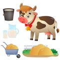 Color image of cartoon cow with milk on white background. Farm animals. Vector illustration set for kids Royalty Free Stock Photo