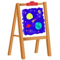 Color image of cartoon easel with children`s drawing on white background. Vector illustration for kids Royalty Free Stock Photo