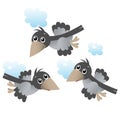 Color image of cartoon flock of crows in the sky on white background. Birds. Vector illustration for kids