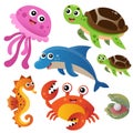 Color image of cartoon jellyfish, turtle, dolphin, seahorse and crab on white background. Marine life. Vector illustration set for Royalty Free Stock Photo