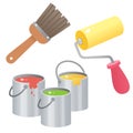Color image of cartoon oil paint with brush and roller on white background. Vector illustration Royalty Free Stock Photo