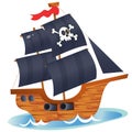 Color image of cartoon pirate ship on a white background. Sailboat with black sails with skull in sea drawing. Isolated element Royalty Free Stock Photo