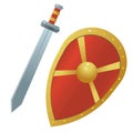 Color image of cartoon shield with sword on white background. Vector illustration