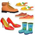 Color image of cartoon shoes. Sports sneakers, children`s boots, women`s pair of shoes, sandals. Clothing. Vector illustration s Royalty Free Stock Photo