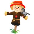 Color image of cartoon stuffed or scarecrow with crow on white background. Vegetable garden. Vector illustration for kids Royalty Free Stock Photo