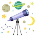 Color image of cartoon telescope with planets and stars on white background. Space and astronomy. Vector illustration set for kids Royalty Free Stock Photo