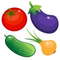 Color image of cartoon tomato, cucumber, onion and eggplant on white background. Vegetables. Vector illustration set for kids