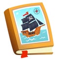 Color image of children`s book about pirates on white background. Fairy tales and adventure. Vector illustration for kids