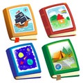 Color image of children`s books on white background. Fairy tales and adventure. Encyclopedia and fiction. Vector illustration set