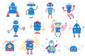 Color image of cute blue cartoon robots. Monochrome vector set for kids Royalty Free Stock Photo