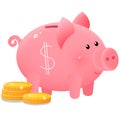 Color image of cute piggy bank or moneybox with coins on white background. Money and finance. Vector illustration Royalty Free Stock Photo