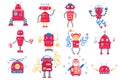 Color image of cute red cartoon robots. Monochrome vector set for kids Royalty Free Stock Photo