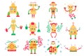 Color image of cute yellow cartoon robots. Monochrome vector set for kids Royalty Free Stock Photo