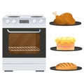 Color image of electric oven or stove with platters of fried chicken, of cake and bread on white background. Kitchen and cooking.