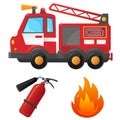 Color images set of fire truck, extinguisher and flame on a white background. Vector illustration of transport for kids Royalty Free Stock Photo