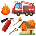 Color images set of fire truck, extinguisher, burning house and flame on a white background. Vector illustration for kids. Royalty Free Stock Photo