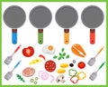 Color image of frying pans and products. Food ingredients on white background. Food and meals. Dishes and crockery. Vector Royalty Free Stock Photo