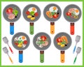 Color image of frying pans and products. Food ingredients on white background. Food and meals. Dishes and crockery. Vector