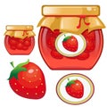 Color image of jar of strawberry jam. Berries and fruits. Food and cooking. Vector illustration
