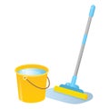 Color image of mop with bucket of water on white background. Tools for cleaning and housework. Vector illustration