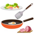 Color image of plate of fried egg with potatoes and vegetables on white background. Cooking in a frying pan. Food and meals.