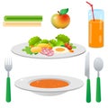 Color image of portion lunch or dinner on white background. Food and meals. Dishes and crockery. Vector illustration set