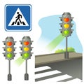 Color image of traffic signal with green light, crosswalk and road sign on a white background. Vector illustration set for kids. Royalty Free Stock Photo