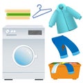 Color image of washing machine with clothes and linen on white background. Laundry and housework. Household equipment. Vector Royalty Free Stock Photo