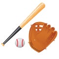 Color images of baseball bat, of ball and of catcher`s mitt or glove on white background. Sports equipment. Vector illustration Royalty Free Stock Photo