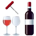Color images of bottle of red wine with glasses and corkscrew on white background. Food and meals. Vector illustration set Royalty Free Stock Photo