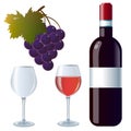 Color images of bottle of red wine with glasses and grape or grapevine on white background. Food and meals. Vector illustration Royalty Free Stock Photo