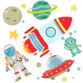 Color images of cartoon astronaut with rocket, of aliens with flying saucer and planets with stars on white background. Space.