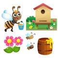 Color images of cartoon bee with honey and hive with flowers on white background. Vector illustration set for kids
