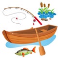 Color images of cartoon boat with paddles, fishing rod and big fish on white background. Hobby and fishery. Vector illustration