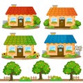 Color images of cartoon brick houses on white background. Vector illustration set for kids