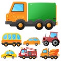 Color images of cartoon cars. Taxi and passenger car. Truck and tractor. Fire truck and concrete mixer. Transport or vehicle.