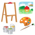 Color images of cartoon easel, of kids drawings with watercolor paint and brush on white background. Vector illustration set for Royalty Free Stock Photo