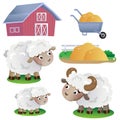 Color images of cartoon sheep with barn and hay on white background. Farm animals. Vector illustration set for kids Royalty Free Stock Photo