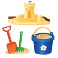 Color images of children`s scoop with bucket and sand castle on white background. Outdoors games. Vector illustration set Royalty Free Stock Photo