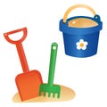 Color images of children`s toy shovel with bucket on white background. Outdoors games in sandbox. Vector illustration set Royalty Free Stock Photo