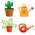 Color images of house plants with watering cans on white background. Vector illustration set Royalty Free Stock Photo